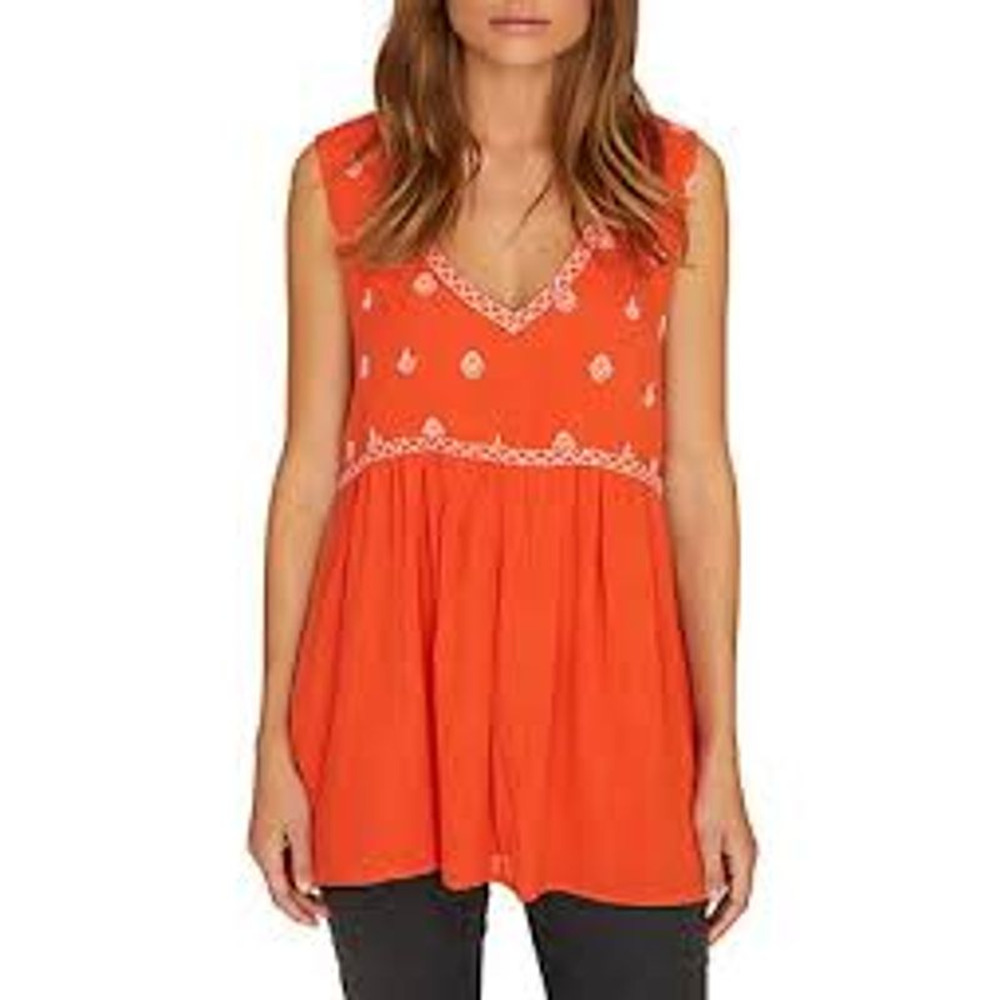 Sanctuary V-Neck Babydoll Embroidered Tunic Tank Top Women's S Orange Viscose